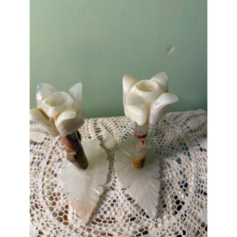 Vintage MCM Carved Onyx Flower Candle Stick Holders - Picture 15 of 16